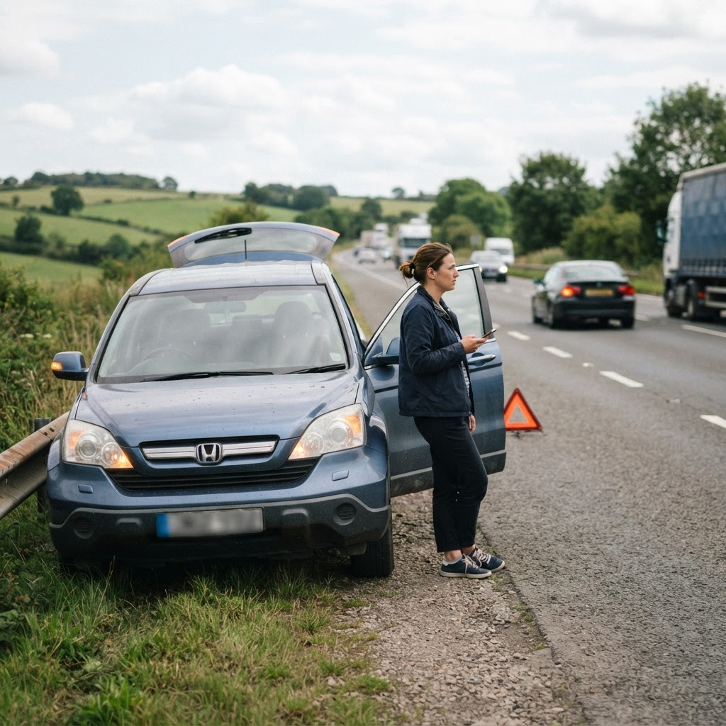 Vairuotojas stato įspėjamąjį trikampį prie sugedusio automobilio
