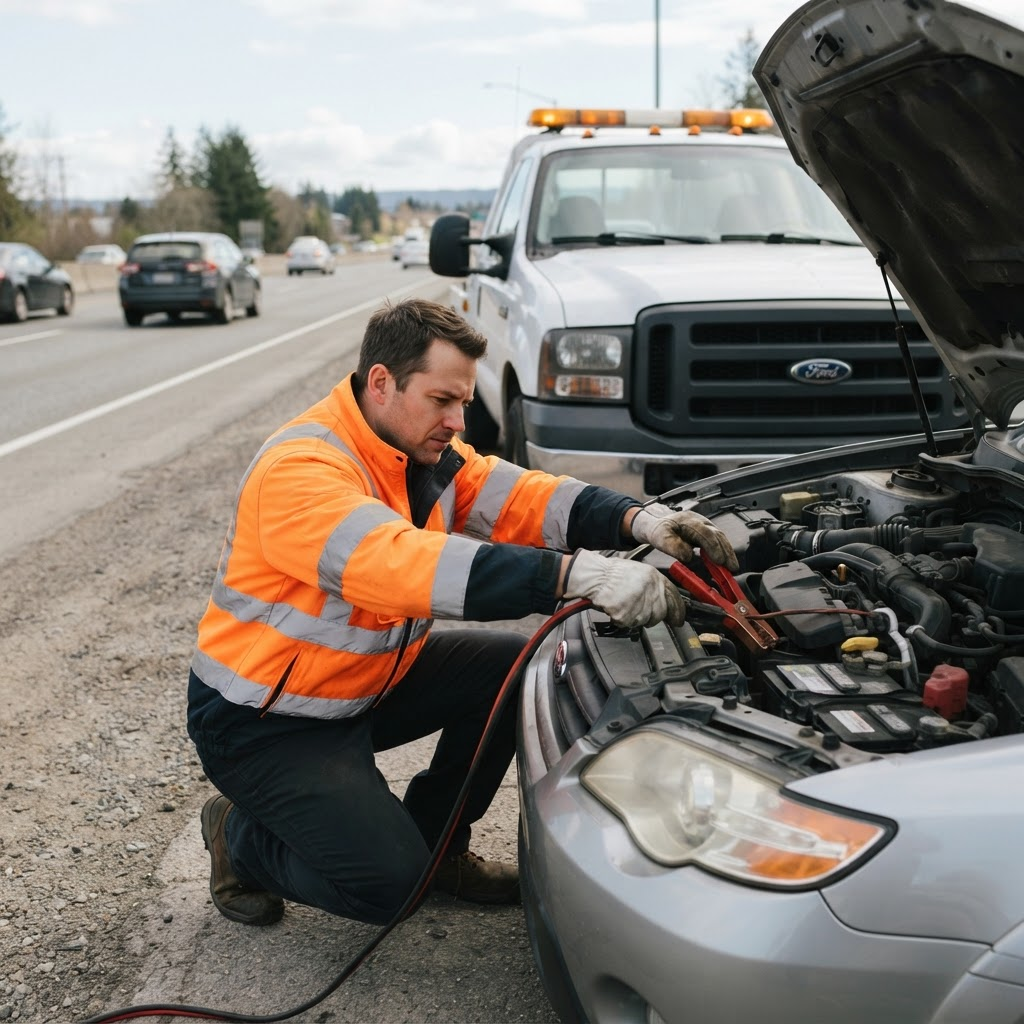 Pagalbos kelyje specialistas prie atidaryto automobilio kapoto
