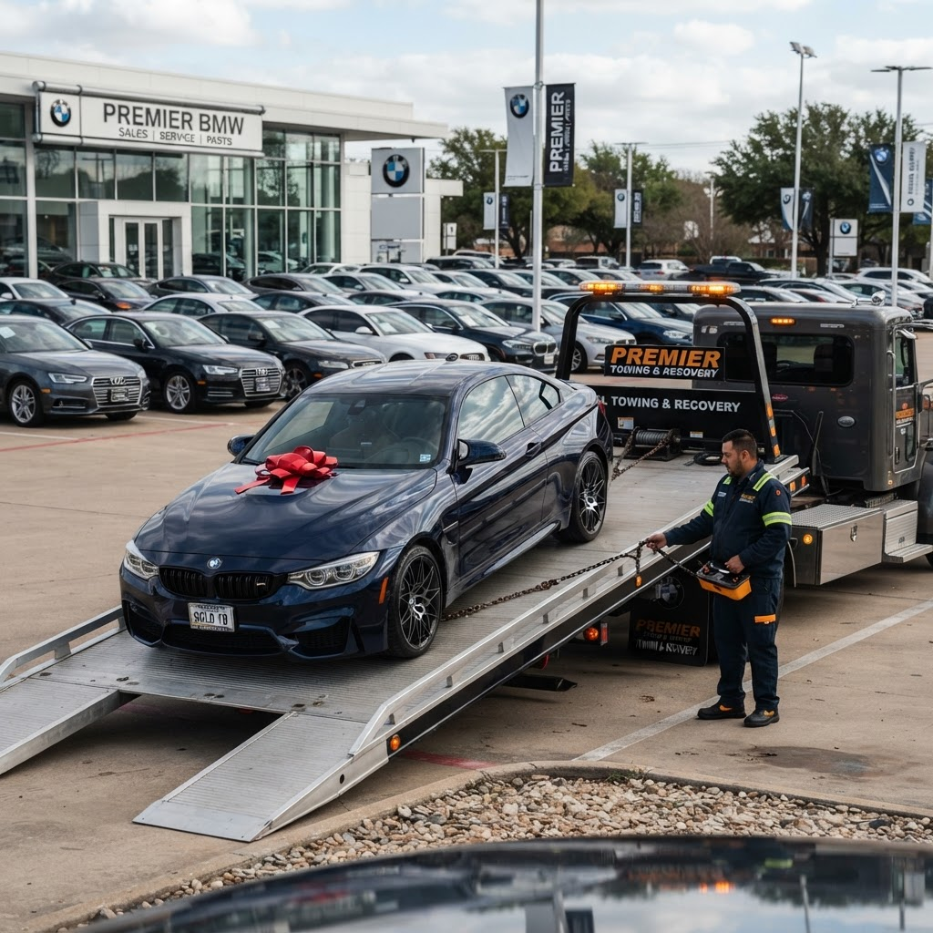 Ką tik įsigytas automobilis kraunamas ant tralo aikštelėje