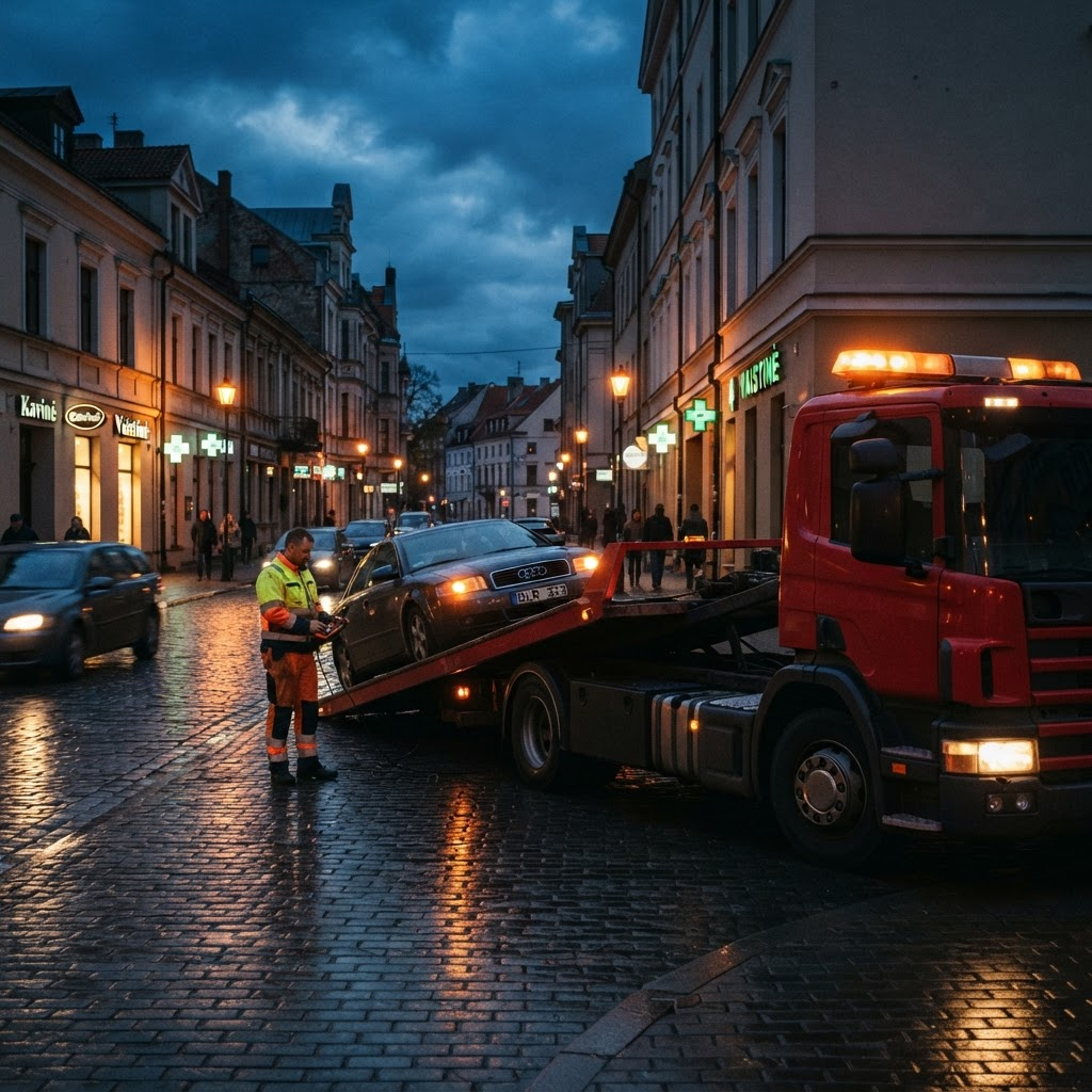 Kablys24 tralas su įspėjamaisiais žibintais Klaipėdos gatvėje