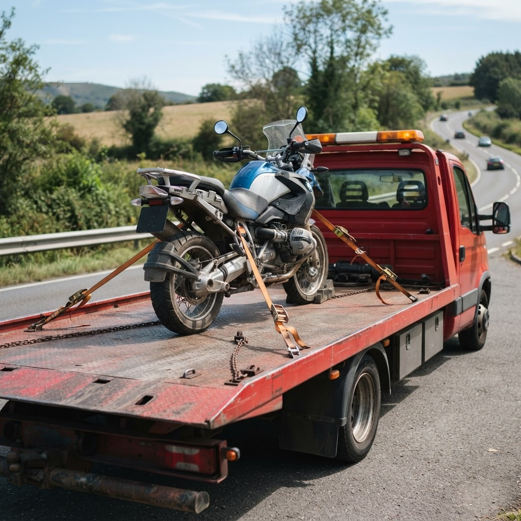 Motociklas, pritvirtintas diržais ant Kablys24 platformos